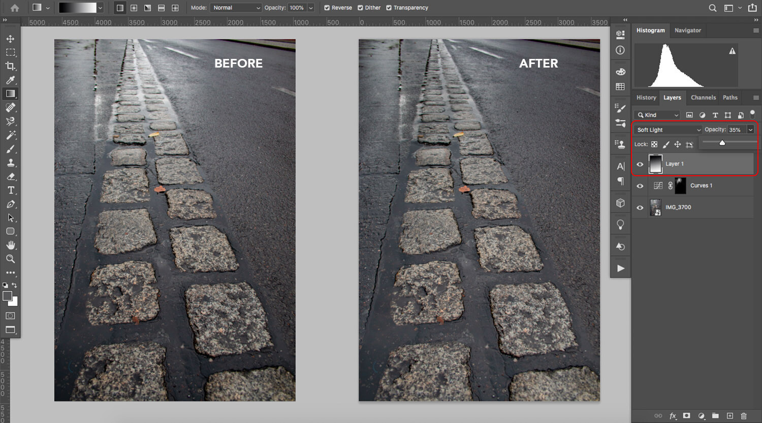 Before/after of glare removal in Photoshop